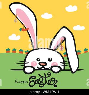 Bonjour lapin blanc de Pâques à la ferme de carotte cartoon vector illustration style doodle Illustration de Vecteur