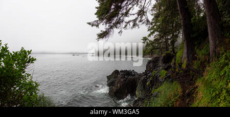 Belle vue panoramique sur une plage rocheuse sur le Juan de Fuca Trail lors d'un coucher du soleil. Prise à Sombrio plage, près de Port Renfrew, Vancouver Island Banque D'Images