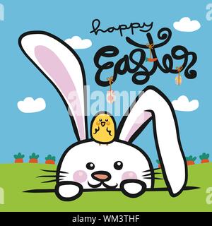 Bonjour Pâques lapin blanc et bébé chick ami dans la carotte illustration vectorielle de la ferme style doodle Illustration de Vecteur