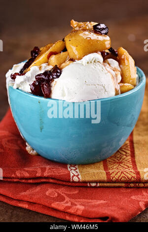 Bol de crème glacée à la vanille crémeuse riche surmontés d'une pomme et sauce aux canneberges avec une extrême profondeur de champ. Dessert parfait pour l'automne ! Banque D'Images