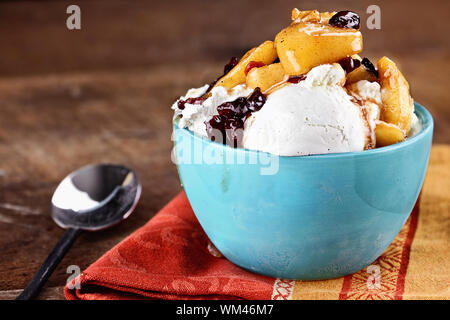 Bol de crème glacée à la vanille crémeuse riche surmontés d'une pomme et sauce aux canneberges avec une extrême profondeur de champ. Dessert parfait pour l'automne ! Banque D'Images