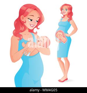 Avant et après la grossesse. Mère et bébé nouveau-né. Vector illustration. Illustration de Vecteur