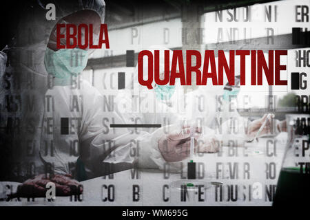 Chimistes dans les scaphandres de protection travaillant contre ebola mot cluster Banque D'Images