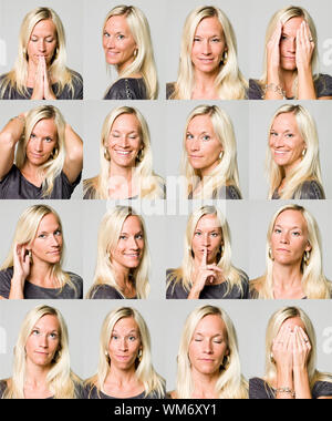 16 Les expressions du visage d'une femme Banque D'Images