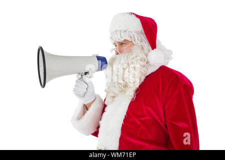 Santa Claus parlant au mégaphone sur fond blanc Banque D'Images