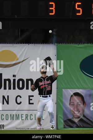 Fargo, ND, États-Unis d'Amérique. 16Th Jun 2019. Le voltigeur Brennan FM Redhawks Metzger (16) fait une prise au cours de l'Association américaine de baseball professionnel Division Nord match de demi-finale entre la St. Paul Saints et le FM Redhawks au champ extérieur Newman à Fargo, ND. Les Redhawks a gagné 3-2. Photo par Russell Hons/CSM/Alamy Live News Banque D'Images