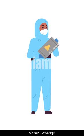 Chercheur scientifique mâle holding baril avec panneau d'avertissement african american man in protective suit le travail avec des produits chimiques dangereux recherche la science Illustration de Vecteur