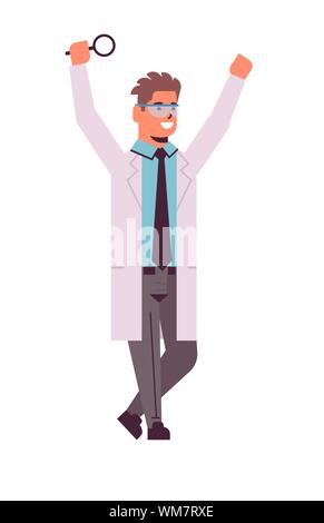 Male scientist élever les mains avec loupe chercheur homme en uniforme faire expérimenter à la recherche en laboratoire d'analyse chimique de la science Illustration de Vecteur