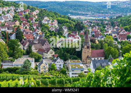 Allemagne, vue au-dessus de belles maisons et église de village du district de Stuttgart uhlbach de dessus vignes vertes en été nature paysage Banque D'Images