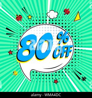 80  % sur le lettrage de la bande dessinée dans le discours de vente bubble style bande dessinée modèle plat. Vintage Retro pop art illustration isolé sur fond de rayons. L'EXCL Illustration de Vecteur