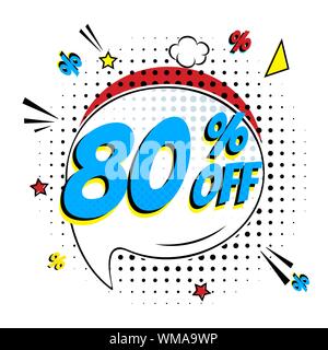 80  % sur le lettrage de la bande dessinée dans le discours de vente bubble style bande dessinée modèle plat. Vintage Retro pop art illustration isolé sur fond blanc. Exc Illustration de Vecteur