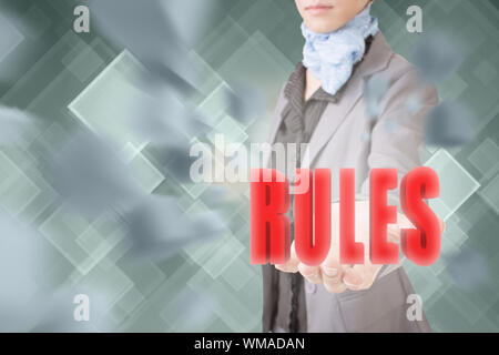 Concept de règles, business woman holding a 3d texte. Banque D'Images