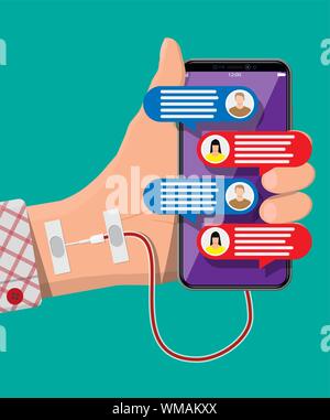 Mans part connecté avec aiguille pour téléphone intelligent. Toxicomanie de gadget avec les médias sociaux. Accro aux réseaux sociaux, le chat et la messagerie instantanée. Vector illustration style de télévision Illustration de Vecteur
