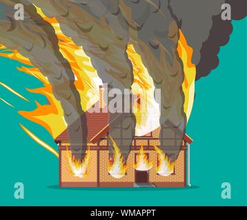 Maisons à des brûlures. Incendie dans chalet. Illustration de Vecteur
