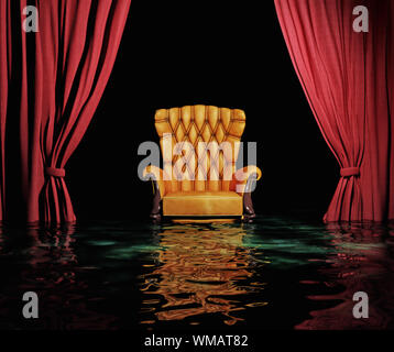 Fauteuil en cuir de luxe et rideau rouge au-dessus de l'inondation (intérieur 3D) Banque D'Images