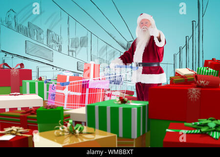 Offrir des cadeaux du Père Noël panier contre vignette bleue Banque D'Images