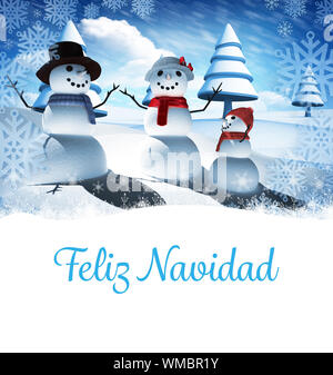 Feliz Navidad contre la famille bonhomme de neige Banque D'Images