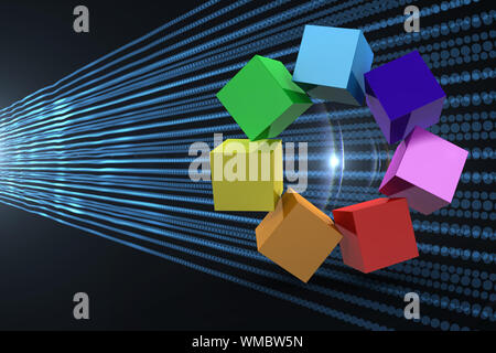 3d cubes colorés dans un cercle contre résumé lignes brillantes sur fond noir Banque D'Images