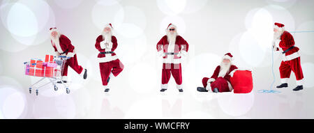 Image composite de différents santas contre purple abstract design spot lumineux Banque D'Images