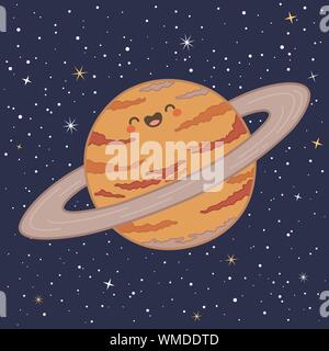 Cute planète Saturne Système solaire avec drôle visage souriant cartoon vector illustration Illustration de Vecteur