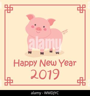 Le Nouvel An chinois 2019 Zodiaque cochon mignon vecteur Illustration Cartoon Caractères Carte de souhaits Illustration de Vecteur