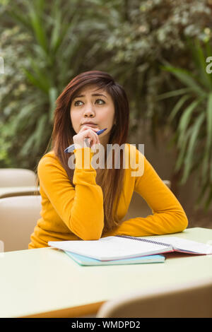 Young female college student faire leurs devoirs dans la cantine en plein air Banque D'Images