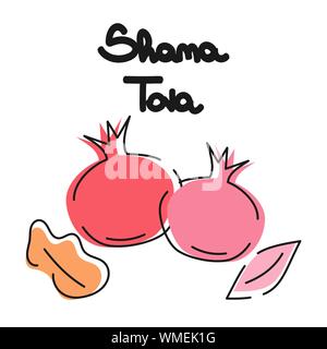 Télévision cartoon vector illustration pour la fête juive Rosh Hashana avec grenade, feuilles et lettrage dessiné à la main texte Shana tova Illustration de Vecteur