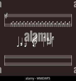 Vector set de symboles musicaux, signes, notes, clef, instrument de musique sur un fond noir. Illustration de Vecteur