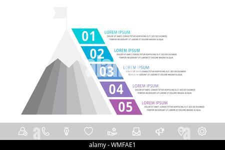 Vector infographic template avec pyramide et montagne et cinq étiquettes. Concept géométrique d'affaires avec 5 options. Utilisé comme calendrier, workflow, presenta Illustration de Vecteur