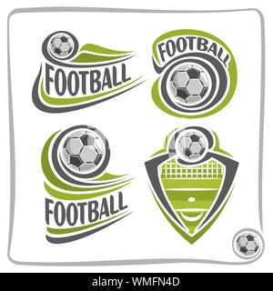 Abstract Vector logo pour le football, les panneaux pour sports club, simple ballon volant sur champ vert avec un filet, la série d'icônes sportives isolés. Illustration de Vecteur