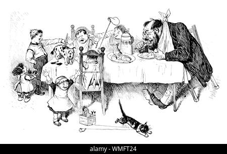 L'allemand revue satirique, humour et caricatures : pas très poli le dîner à la maison, maman est out et les garçons s'amusent et rascal à la table du mess, papa est concentrée sur l'alimentation Banque D'Images