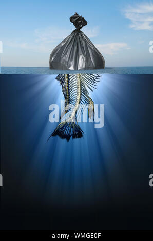 Iceberg dans une forme d'un sac en plastique flottant dans l'océan avec les os d'un poisson submergées. 3D illustration. Banque D'Images