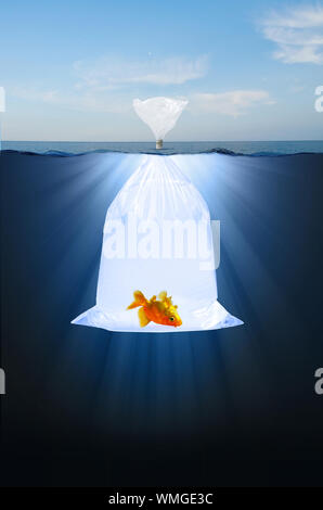 Iceberg dans une forme d'un sac en plastique flottant dans l'océan avec les os d'un poisson submergées. 3D illustration. Banque D'Images