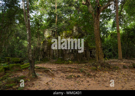 Un petit temple dans les bois menant à Ta Prohm temple à Angkor à Siem Reap, Cambodge. Banque D'Images