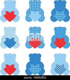 Mignon ours en peluche avec coeur set isolated on white ( bleu et rouge ) Illustration de Vecteur