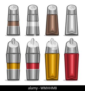 Vector illustration de verre Set Shakers pour sel et poivre, metal futuriste des bouteilles pour l'huile d'olive et vinaigre de vin rouge, d'autres contenants pour les condiments. Illustration de Vecteur