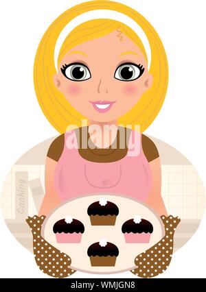 Cuisine Rétro Femme blonde aliment sucré ( pink & brown ) Illustration de Vecteur