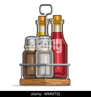 Vector Set d'Agitateurs en verre pour le sel et le poivre, porte-bouteilles avec de l'huile d'olive et vinaigre de vin rouge, rack classique pour les contenants de condi Illustration de Vecteur