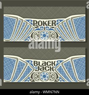 Les bannières horizontales vecteur pour Black Jack et Poker : jouer aux cartes avec lignes bleues de retour pour jouer le jeu blackjack, jetons de casino et de cartes sur gris textu Illustration de Vecteur