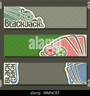 Les bannières horizontales vecteur pour Jack noir, bleu et rouge des cartes à jouer pour jouer le jeu blackjack sur feutre vert tableau. Illustration de Vecteur
