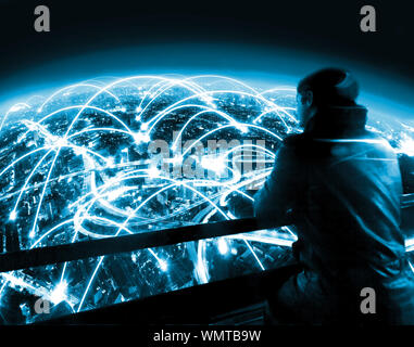 Design futuriste de réseau mondial et connexion mondiale d'Internet des objets.Cityscape la nuit et concept d'Internet. Banque D'Images