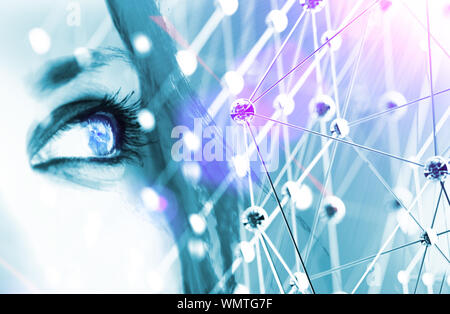 Femme visage et cubes partenaire connecté et conception de réseau. Internet et communication de données.contexte futuriste de la science et de la technologie. Banque D'Images