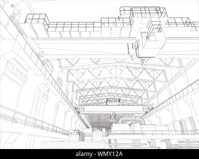 Grue à portique dans un environnement d'usine. Wire-frame Illustration de Vecteur