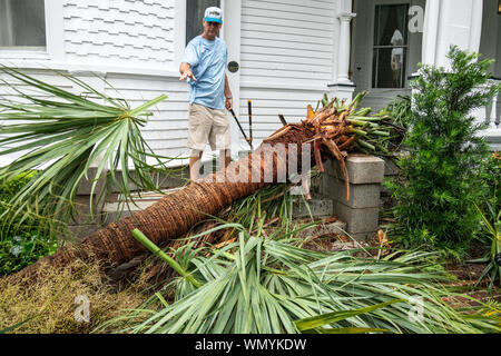 Charleston, États-Unis. 05 Sep, 2019. Un propriétaire d'une efface l'écrasement d'un palmier qui est tombée sur le porche marches de sa maison historique comme l'ouragan de catégorie 3 Dorian passe au large de la côte le jeudi 5 septembre 2019 à Charleston, Caroline du Sud. Charleston échappé une bonne partie de la force de la tempête qui a détruit des parties de la France avant de se déplacer lentement sur la côte est des États-Unis Photo de Richard Ellis/UPI UPI : Crédit/Alamy Live News Banque D'Images