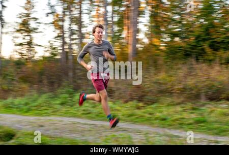 Jeune homme jogging dans la forêt d'automne, extracteur, Perlacher Forst, Munich, Haute-Bavière, Bavière, Allemagne Banque D'Images