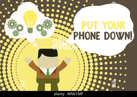 La main conceptuel montrant Placez votre téléphone vers le bas. Sens Concept fin connexion de téléphone appelant dire au revoir les mains en l'homme bulle imaginaire ligh Banque D'Images