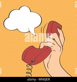 Main tenant un téléphone, pop art illustration Illustration de Vecteur