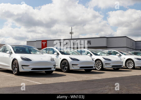 Indianapolis - Circa 2019 Septembre : Véhicules électriques Tesla dans l'attente de la préparation pour la vente. EV Tesla Model 3, S et X sont la clé d'un environnement plus propre et verte Banque D'Images