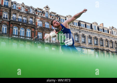 Bruxelles, Belgique. 12Th Mar, 2019. Ryan Crouser des États-Unis fait concurrence au cours du lancer du poids hommes finale de la finale de la Ligue de diamant de l'IAAF 2019 à Bruxelles, Belgique, le 5 septembre 2019. Credit : Zheng Huansong/Xinhua/Alamy Live News Banque D'Images