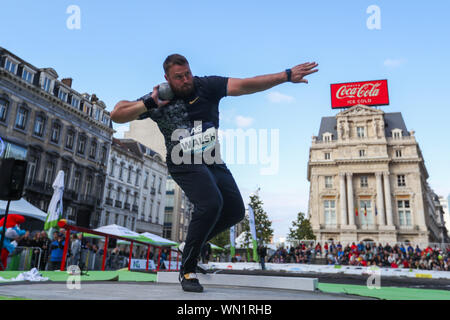 Bruxelles, Belgique. 12Th Mar, 2019. Tomas Walsh de la Nouvelle-Zélande est en concurrence au cours de la Men's lancer du poids final de la finale de la Ligue de diamant de l'IAAF 2019 à Bruxelles, Belgique, le 5 septembre 2019. Credit : Zheng Huansong/Xinhua/Alamy Live News Banque D'Images